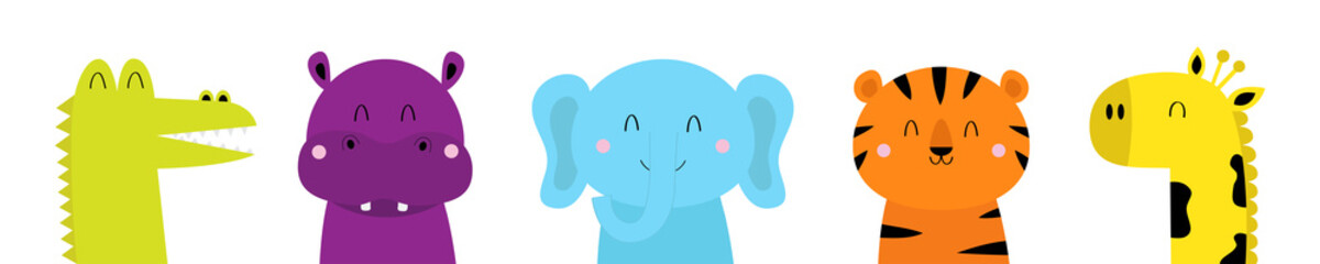 Alligator, tiger elephant, hippopotamus, giraffe. Cute cartoon kawaii animal face icon set. Hippo, river-horse. Notebook cover tshirt. Baby greeting card print. White background. Flat design