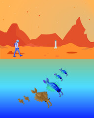 Martian life underwater vector illustration | Astronaut and starship on red planet/mars with martian life underwater | Alien life underwater on an alien planet