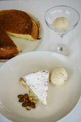 Bizcocho tipico mallorquin, Gato de almendras con helado, Mallorca,Islas Baleares,Spain.