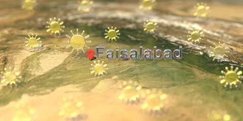 Sunny weather icons near Faisalabad city on the map, weather forecast related 3D rendering