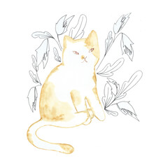 Illustration Fluffy kitten sits in stylized grass. Watercolor and liner