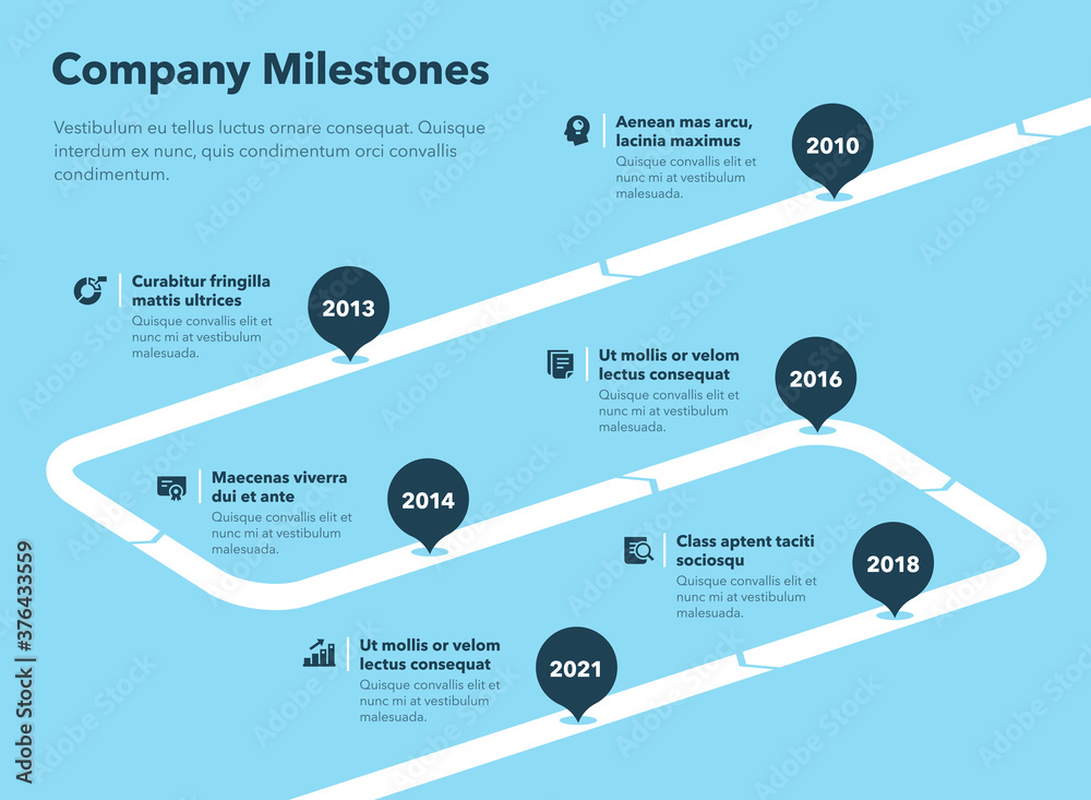 Aufkleber simple business infographic for company milestones timeline template - blue version. easy to use for