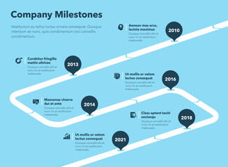 Simple business infographic for company milestones timeline template - blue version. Easy to use for your website or presentation.