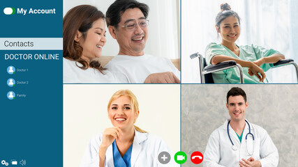Doctor and patient talking on video call for telemedicine service . Online health care application...