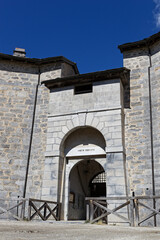 Fototapeta na wymiar Fort Marie-Christine entrance in Aussois. Formerly in the heart of the Savoyard defensive system, this imposing fort now welcomes tourists and gourmets.