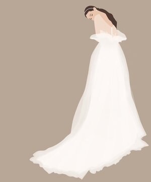 mujer de cabello largo con vestido de novia blanco y largo 