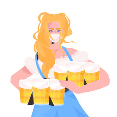woman in medical mask holding beer mugs Oktoberfest party celebration coronavirus quarantine concept girl in german traditional clothes portrait vector illustration