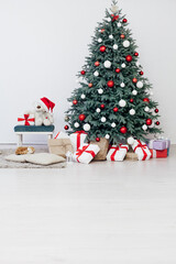 Blue Christmas tree with gifts decor for the new year winter in the white room