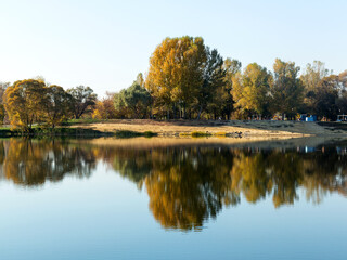 Authentic autumn landscape pond in city park. Yellow leaves fall to ground and into the water. Colorful autumn landscapes with warm colors and footpath covered with sheets. People relaxing in park