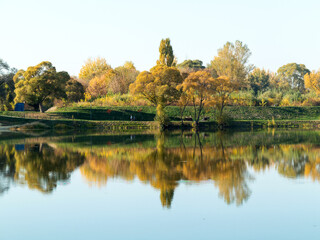 Authentic autumn landscape pond in city park. Yellow leaves fall to ground and into the water. Colorful autumn landscapes with warm colors and footpath covered with sheets. People relaxing in park