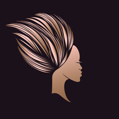 African-American woman with long, wavy, Afro hairstyle.Beauty salon, hairdresser studio, cosmetics and spa logo.Young lady face.Cute girl portrait isolated on dark background.Profile view.