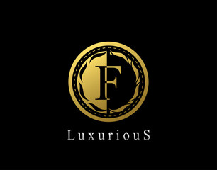 Luxury Circle F Letter Floral Design. Vintage Gold F Royal Logo Icon.