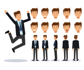 Set of Flat Vector Character businessman various views, Cartoon style.