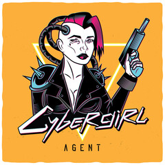 T-shirt or poster design with illustration of cyber girl. Ready apparel design.