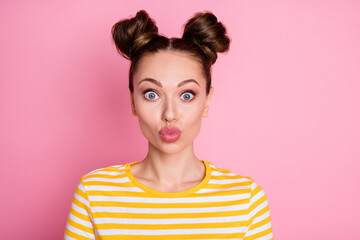 Closeup photo of attractive pretty funny expression lady two buns sending air kisses flirty shy...