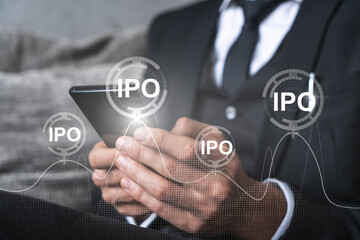 Businessman search and analyze using on-line app on phone. IPO theme hologram.