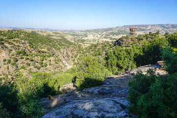 Fototapeta na wymiar Tasyaran Valley natural park in Usak Turkey water worn out rocks in millions of years
