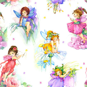 Cute flowers fairy girl seamless pattern