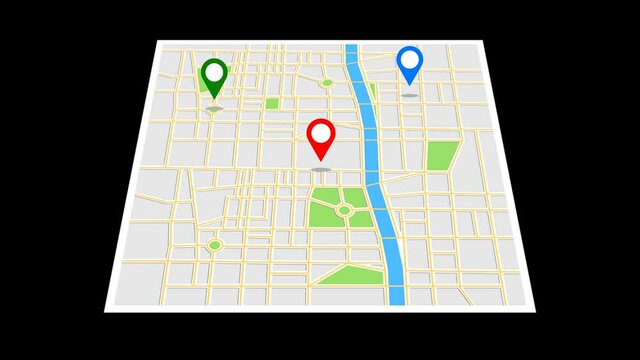 Navigation map with checkpoint icons. Traveling city concept. Animation of an app screen at black background.
