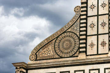 Florence, closeup of the main facade of the famous Basilica of Santa Maria Novella, in...