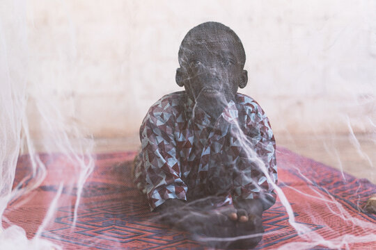 Little African Black Boy with Mosquito Net for Protection against Malaria