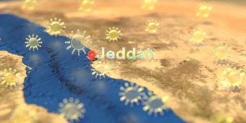 Sunny weather icons near Jeddah city on the map, weather forecast related 3D rendering