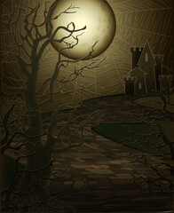 Stone road and an old castle. Halloween card, vector illustration