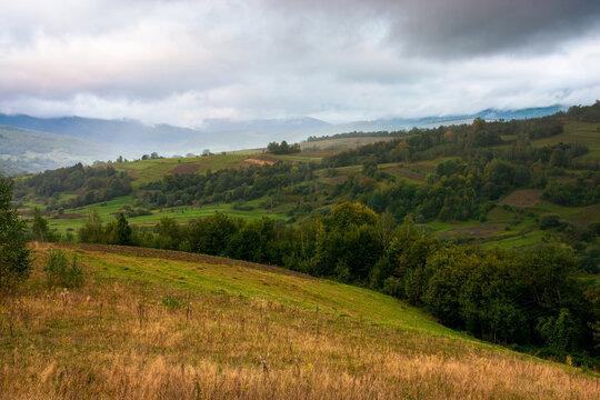 rural landscape in mountain on a cloudy morning. dramatic hazy scenery of carpathian countryside
