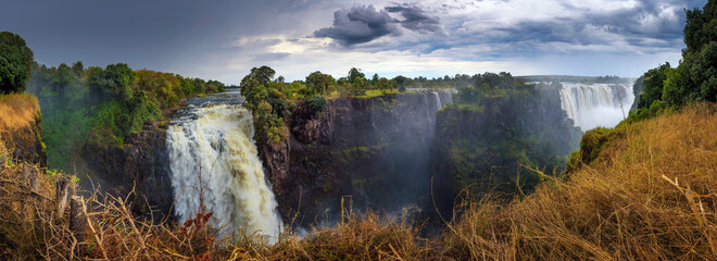 Panorama of Victoria Falls on Zambezi River in Zimbabwe