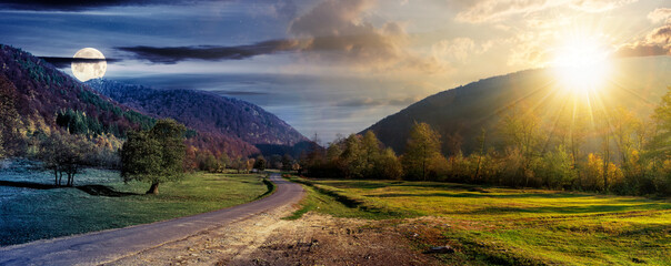 day and night time change concept above country road in valley. wonderful autumn landscape in...