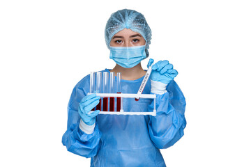 Woman chemist holds blood tests for virus. Research in medicine