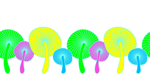 Fototapeta na wymiar Bright neon mushrooms, seamless border. Vector illustration for poster, postcard, design