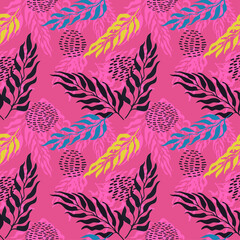 Vector seamless pattern with colorful watercolor illustration of exotic leaves. Use it for wallpaper, textile print, pattern fills, web page, surface textures, wrapping paper, design of presentation