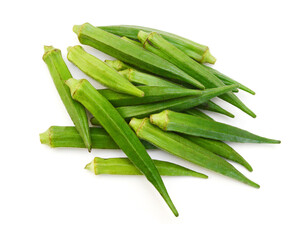Fresh raw okra isolated on white background, horizontal with copy space