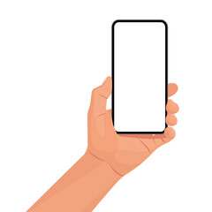 Hand holding the black smartphone with blank screen and modern frameless design. Template vector illustration on isolated background. 
