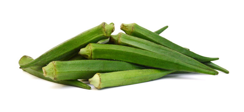 Fresh raw okra isolated on white background, horizontal with copy space
