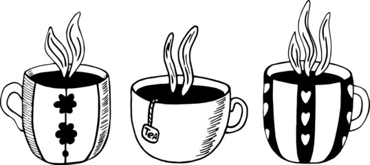 Set of mugs with hot drinks. Cup of hot tea, coffee, cocoa. Autumn collection of mugs. Vector. Simple drawing. Hand drawn