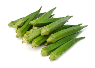 Fresh raw okra isolated on white background, horizontal with copy space