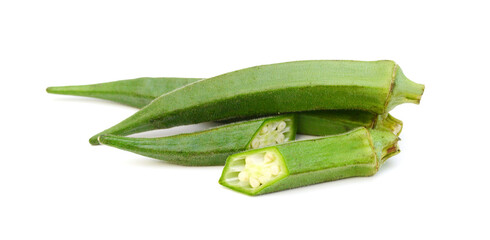 Fresh raw okra isolated on white background, horizontal with copy space