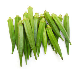Fresh raw okra isolated on white background, horizontal with copy space