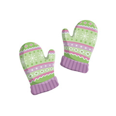 Pair of knitted winter mittens isolated on white background. Vector illustration. Warm mitten icon. Christmas greeting card with mittens. Bright colors.