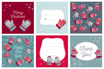 Set of six Christmas postcard collection with mittens and snowflakes. Template for New Year greeting, winter holiday invitations cards, posters, banners, covers, decorations, hand drawn letters. 