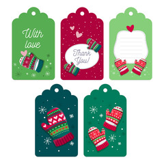 Set of five Christmas tags collection with mittens and snowflakes. Template for New Year greeting, winter holiday labels, decorations.