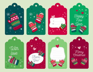Set of eight Christmas tags collection with mittens and snowflakes. Template for New Year greeting, winter holiday labels, decorations.