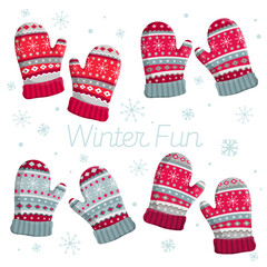 Set of vintage winter mittens isolated on white background. Traditional retro style, colors and pattern design. Vector illustration. Christmas greeting card with gloves.