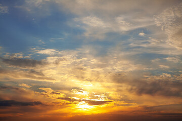 Twilight with glowing sun . Spectacular sky in the evening