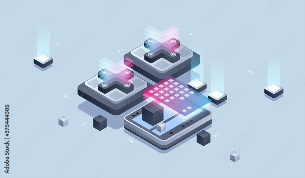 Poster Web design and development. Mobile application development, Programmer and engineering isometric illustration.
