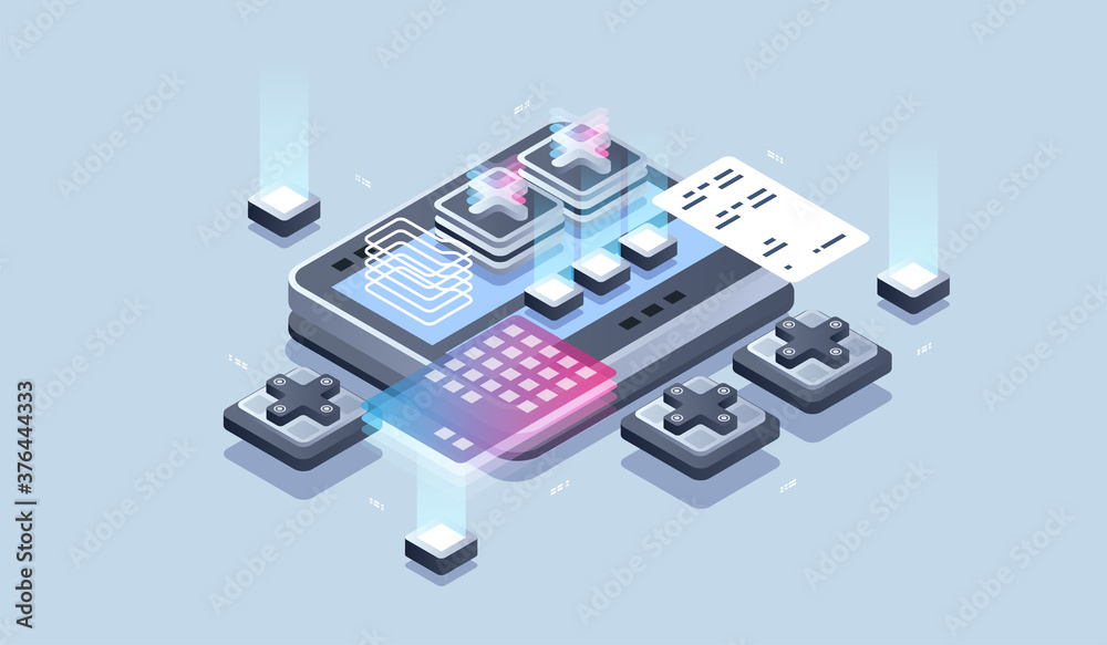 Poster Web design and development. Mobile application development, Programmer and engineering isometric illustration.