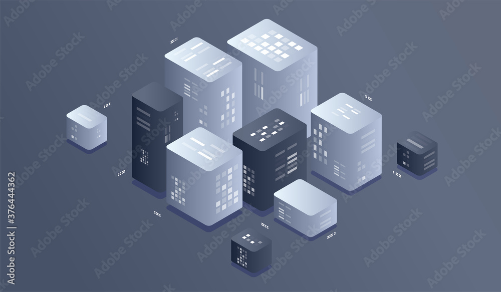 Poster isometric digital technology web banner. big data machine learning algorithms. interacting data anal