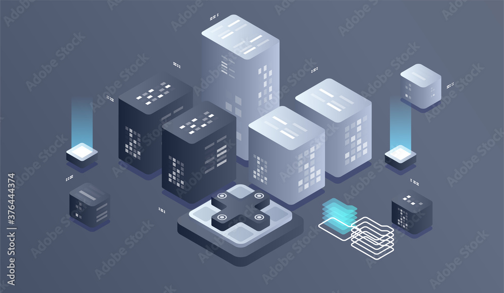 Poster isometric digital technology web banner. big data machine learning algorithms. interacting data anal
